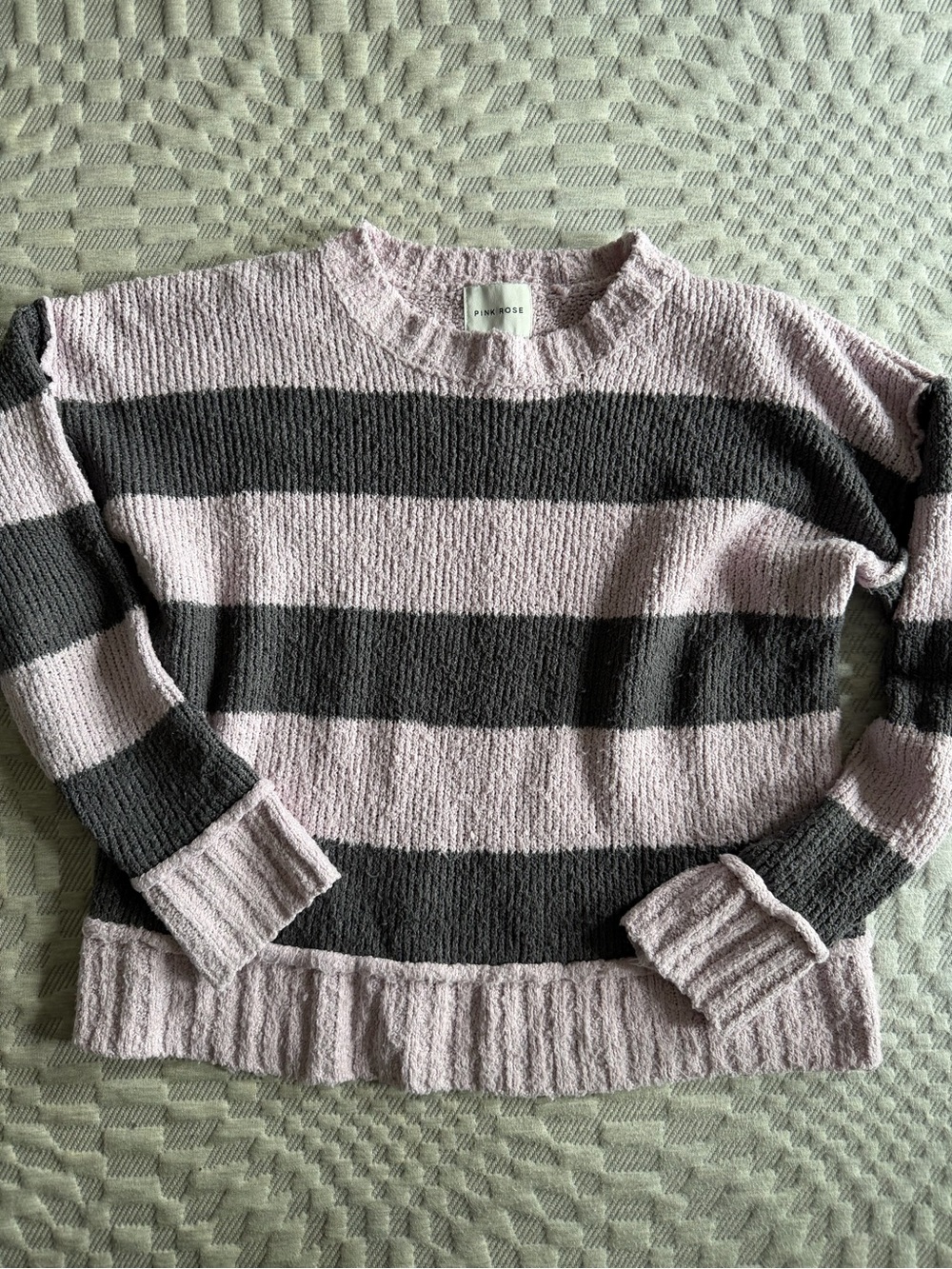 Pink Rose Striped Crew Neck Sweater in Light Pink and Charcoal